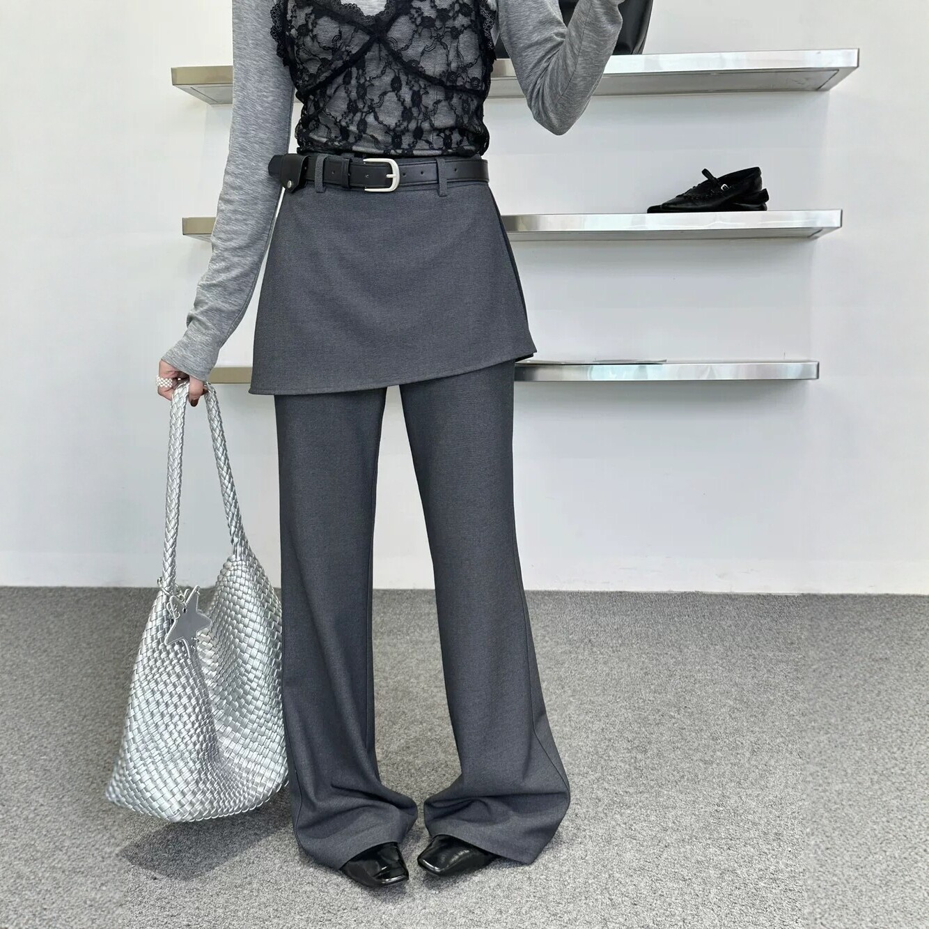 欧洲站2026早春新款韩版假两件微喇叭屁帘裤女高腰显瘦休闲西裤潮