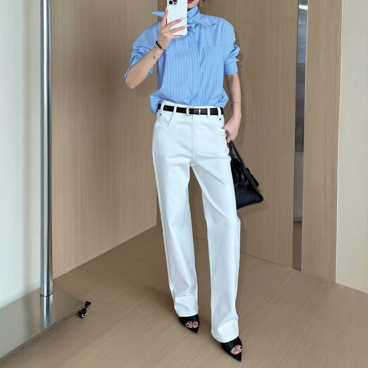 极简风蓝色条纹衬衫女兔耳上衣潮