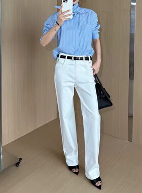 极简风蓝色条纹衬衫女兔耳上衣潮
