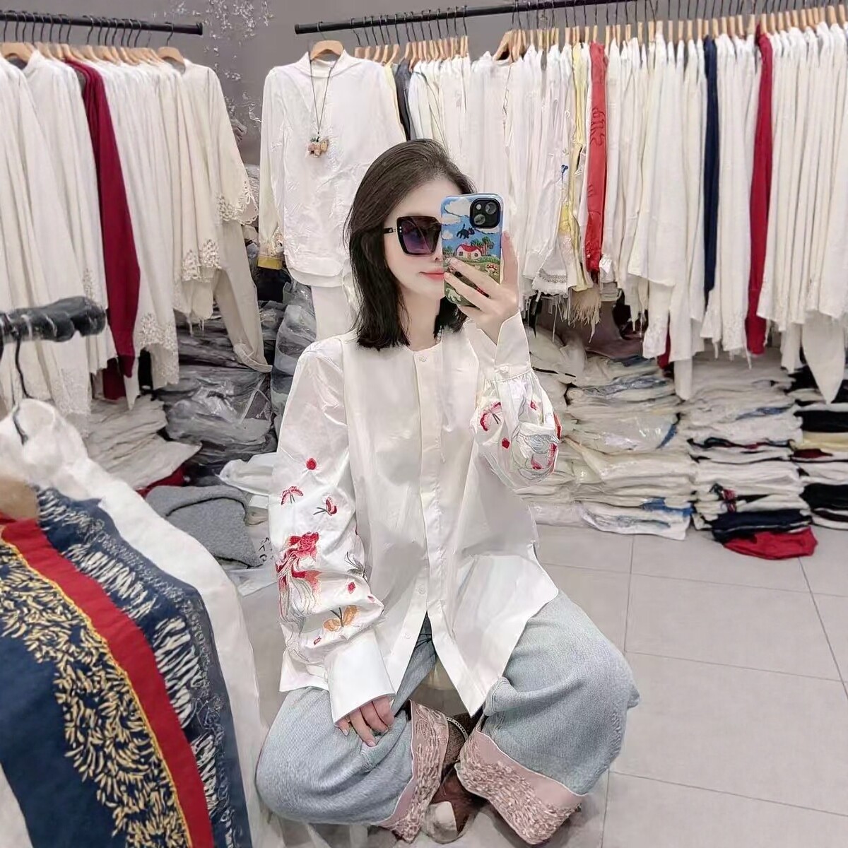 欧洲站2026春季新款中国风复古女装新中式高级感刺绣衬衫长袖上衣