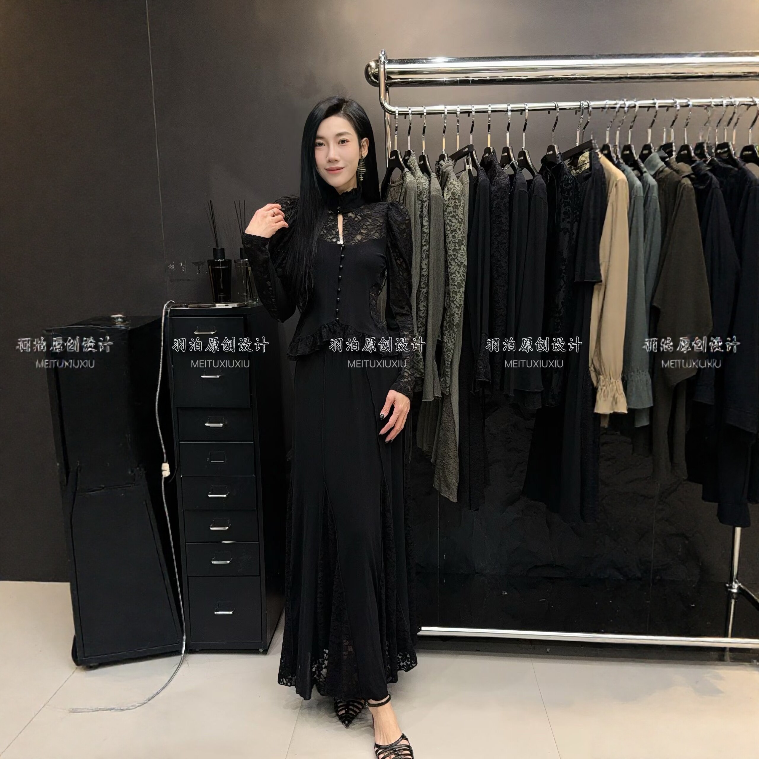 立领新中式蕾丝拼接泡泡袖T恤女