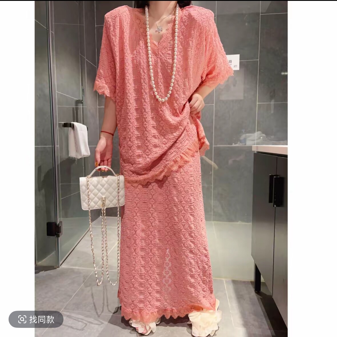 法式女装新款V领垫肩蕾丝上衣+半身裙显瘦两件套女夏季时髦套装裙