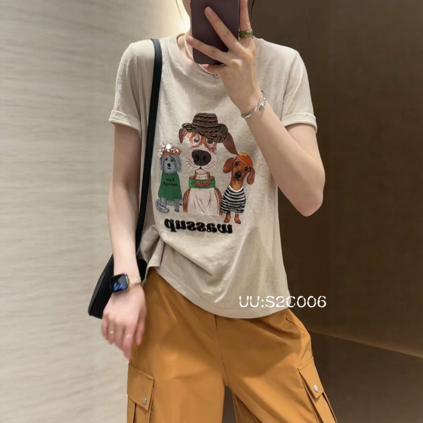 重工卡通狗狗钉珠印花短袖T恤