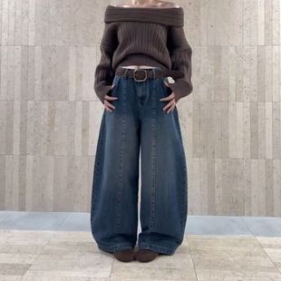 欧洲站宽松直筒阔腿裤 2025秋冬款 5设计感加绒弯刀牛仔裤 egg58876