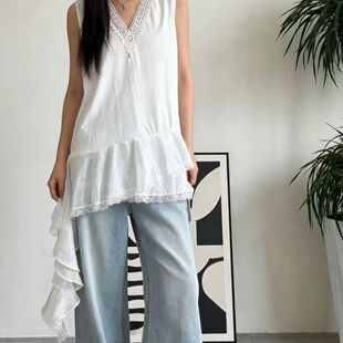 韩系V领蕾丝拼接无袖不规则T恤背心女中长款宽松叠穿法式洋气上衣