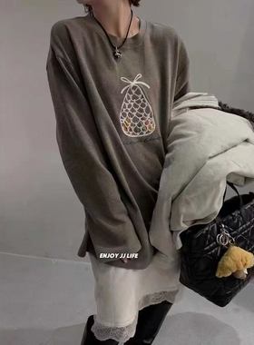 巨好看韩系上衣秋季2025新款chic 别致减龄设计感咖灰色T恤打底衫
