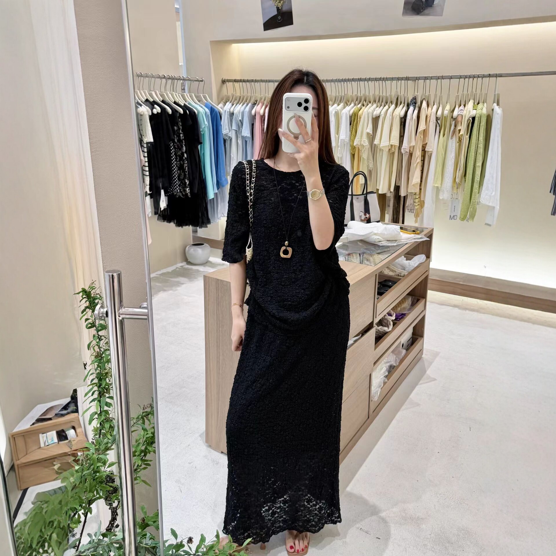 短袖蕾丝上衣+半身裙两件套女潮