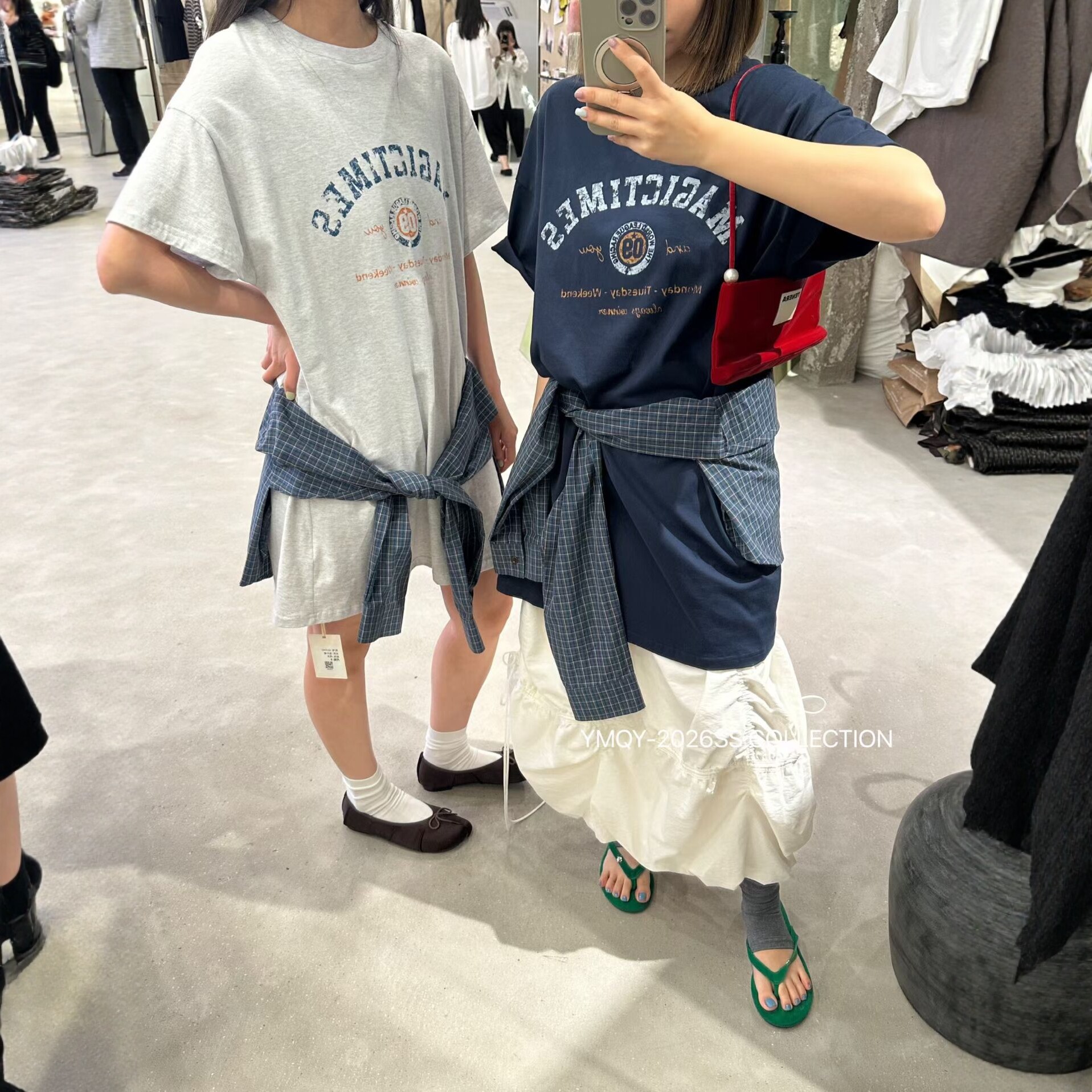 字母印花拼接格子腰封短袖连衣裙