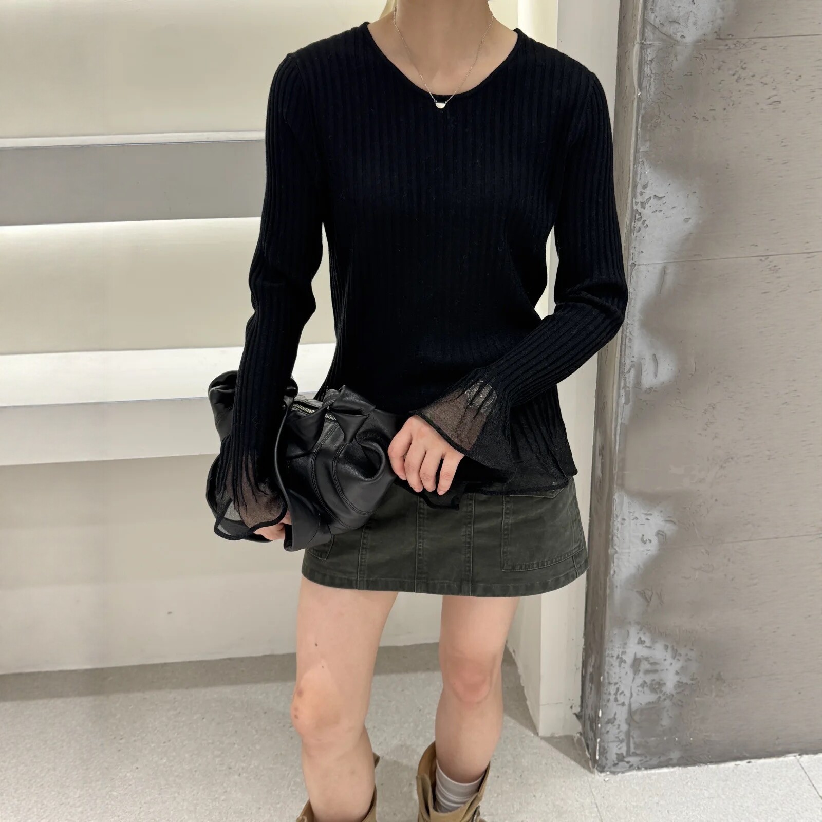 温柔风拼网纱针织衫毛衣上衣女潮