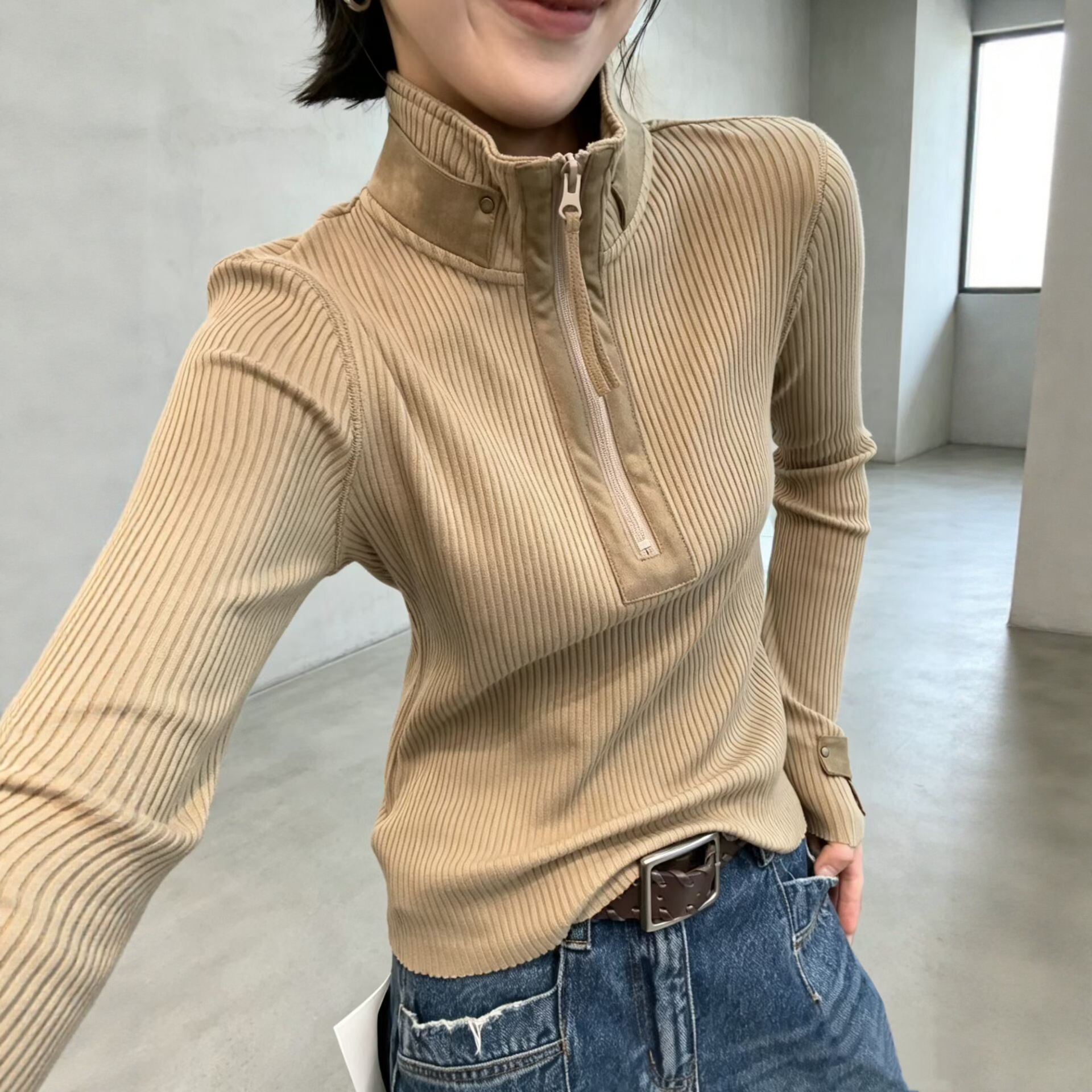 半拉链高领针织衫长袖坑条打底衫