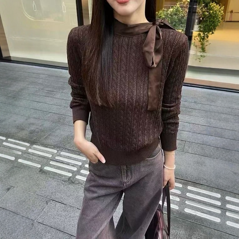洋气飘带蝴蝶结拼接长袖针织衫女
