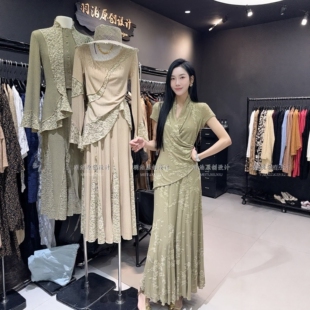 欧洲站新中式国风V领收腰短袖T恤女网纱植绒提花显瘦气质洋气上衣