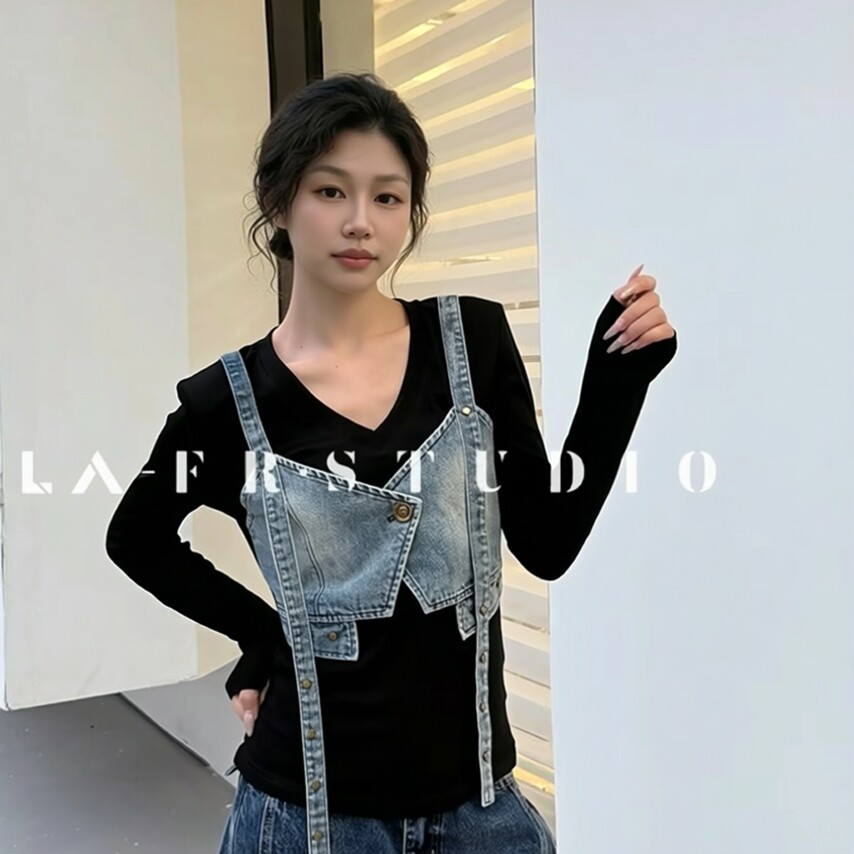 个性牛仔拼接假两件长袖T恤女