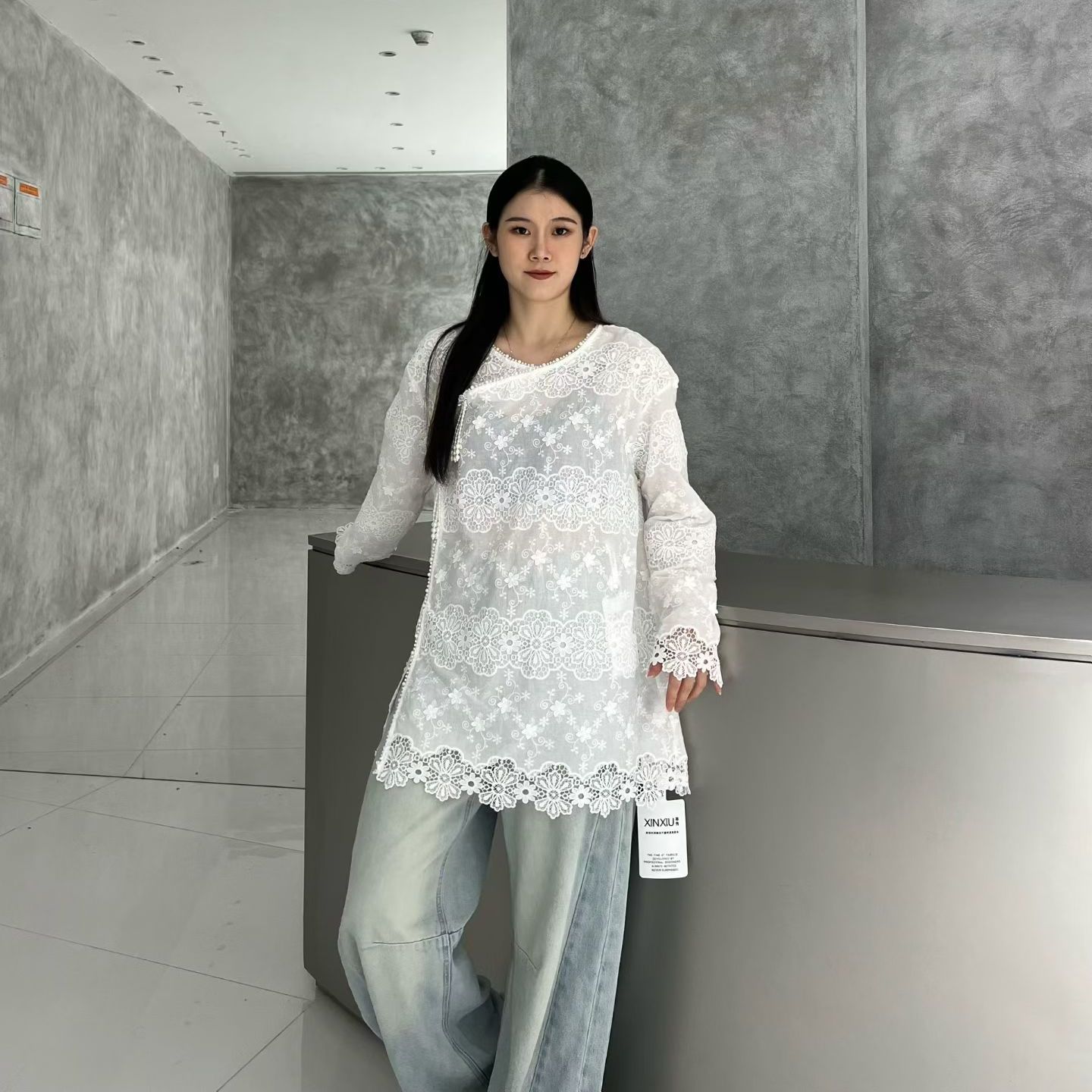 新中式珍珠流苏蕾丝衫国风上衣女
