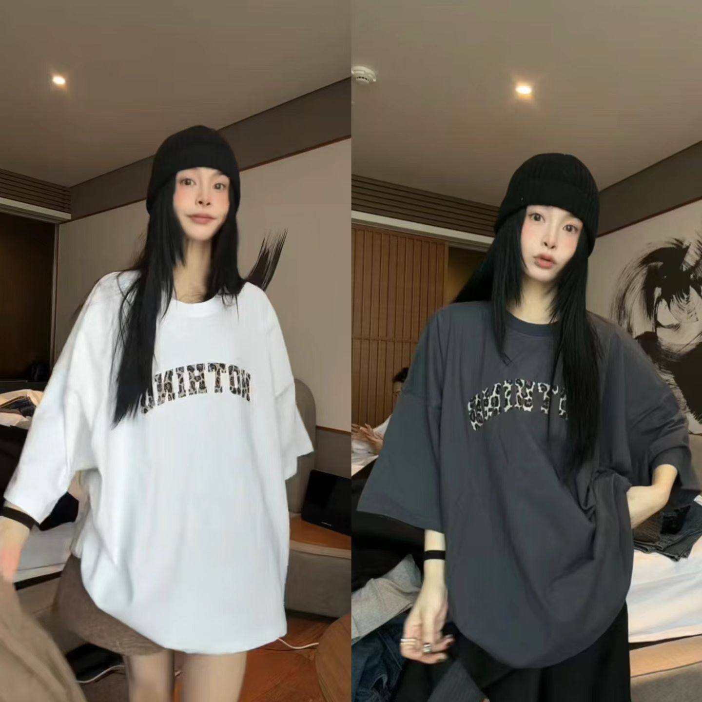 豹纹字母印花短袖宽松大版T恤女
