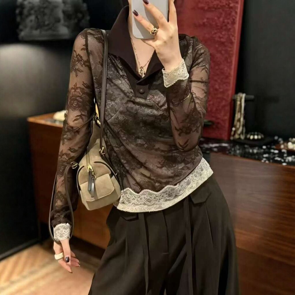 撞色针织翻领设计感小众蕾丝衫女