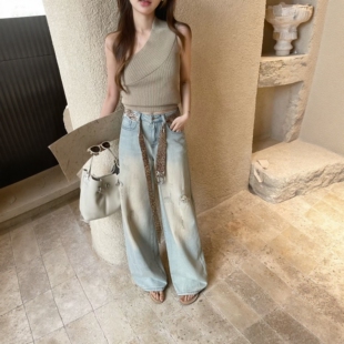 ZM1860美式闪粉工艺阔腿裤女2026夏季新款牛仔裤