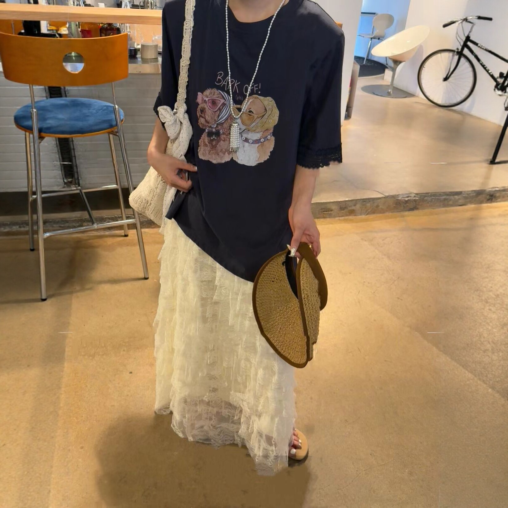 卡通狗狗印花蕾丝拼接短袖T恤女