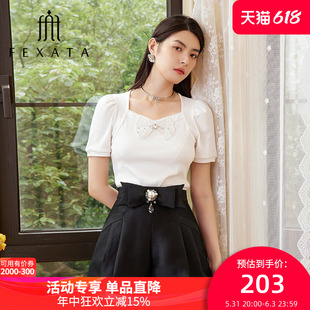 新品 FEXATA斐格思t恤女2024夏季 白色上衣 商场同款 蝴蝶结短袖