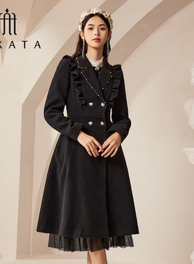 FEXATA斐格思2025冬季新品名媛风气质双排扣毛呢外套保暖中长大衣