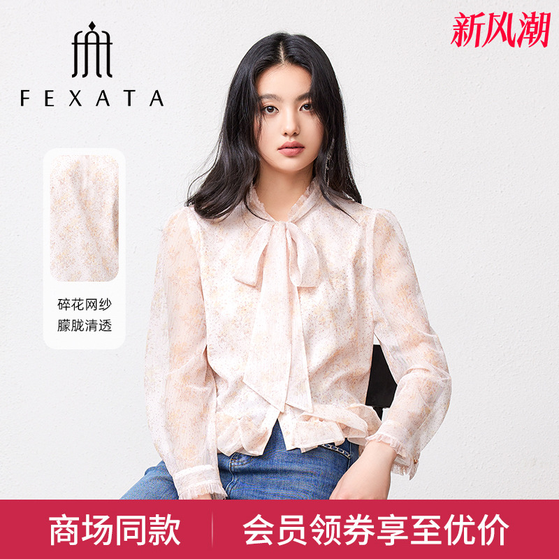 氛围感系带碎花长袖网纱衬衫女