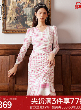 FEXATA斐格思2025秋新品荷叶边波点鱼尾裙不规则设计感长袖连衣裙