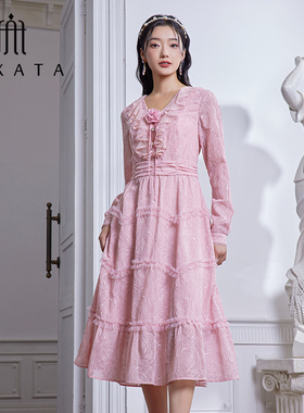 FEXATA斐格思2025秋季新品法式浪漫花朵雪纺仙女裙网纱连衣裙