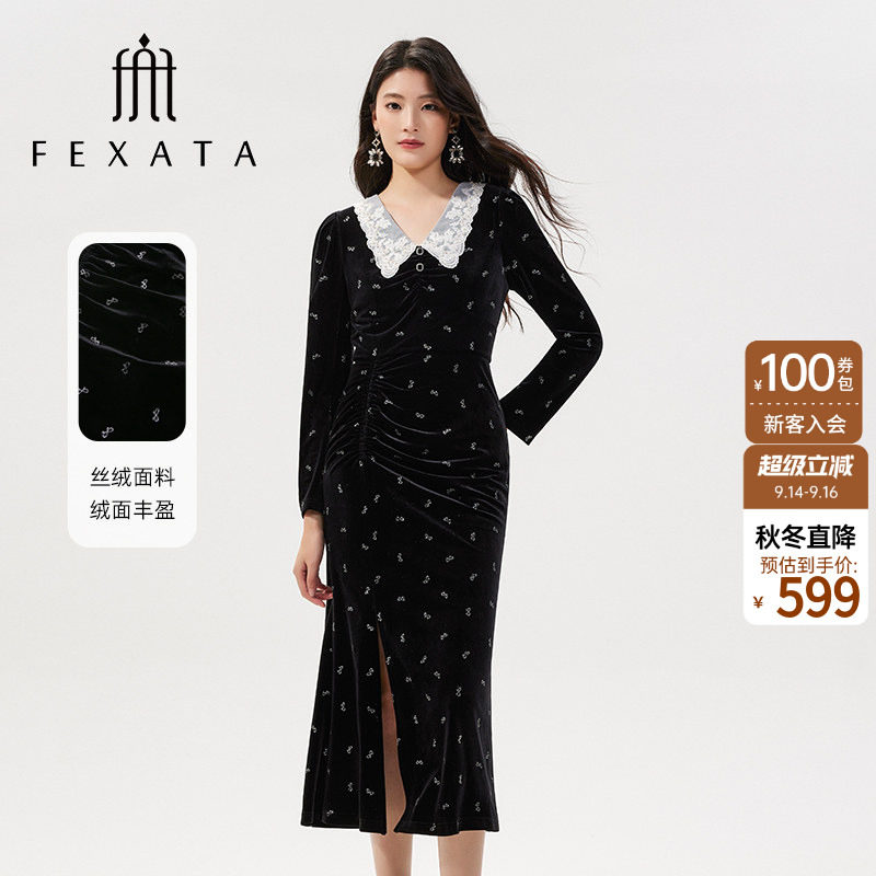 FEXATA斐格思冬季新品蝴蝶结蕾丝领黑色丝绒连衣裙开叉鱼尾裙