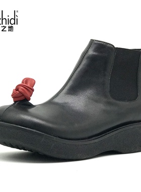 一席之地真皮经典揪揪短靴宽筒宽脚长平底舒适时尚百搭俏皮松紧口