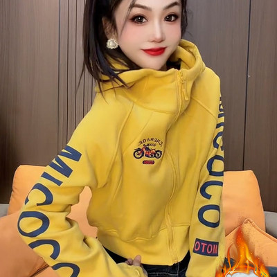 大码加绒连帽拉链短外套女显瘦