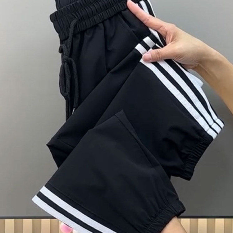 大码美式条纹防晒速干九分哈伦裤休闲裤