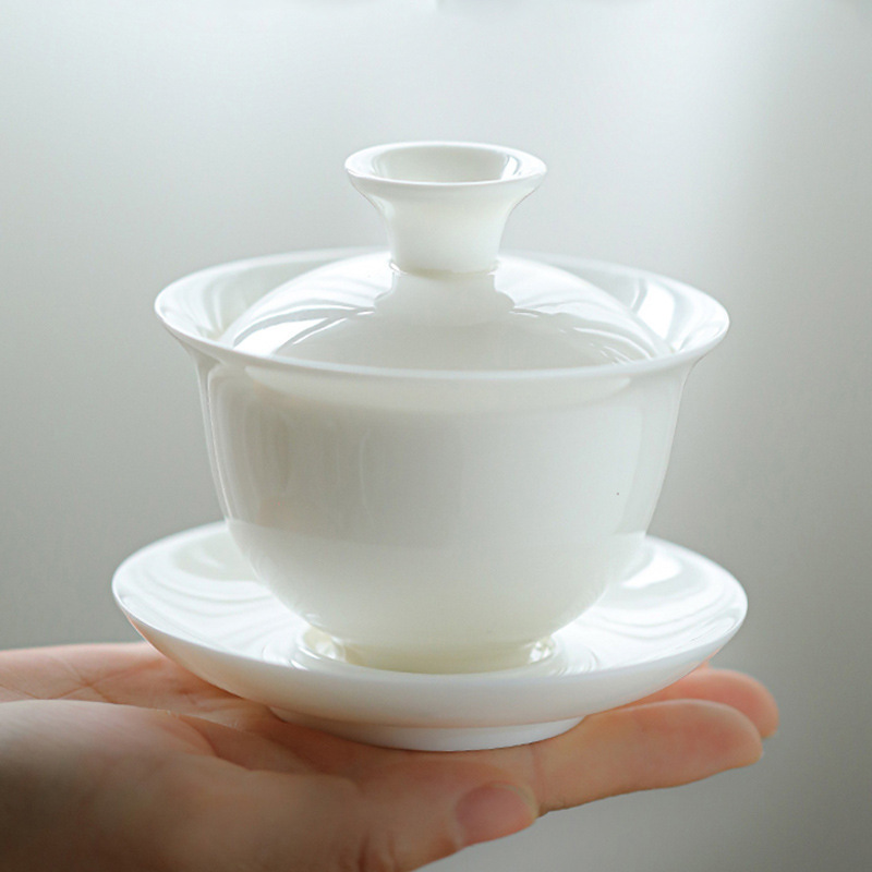 羊脂玉陶瓷功夫茶具盖碗德化白瓷三才盖碗茶具配件敬茶碗泡茶碗