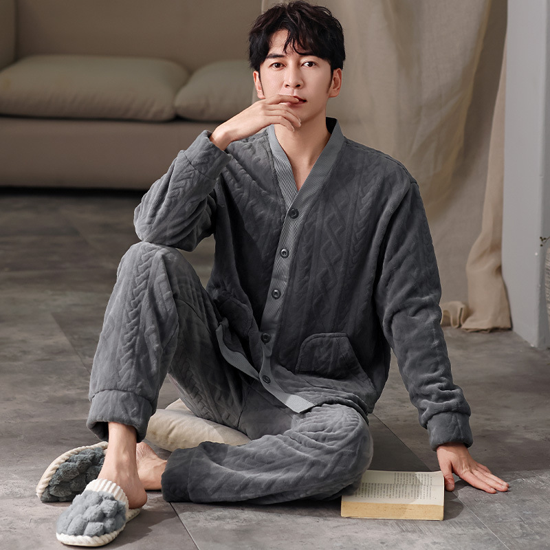 冬季法兰绒加厚男士家居服保暖和尚领套装青少年休闲亲肤男款绒款