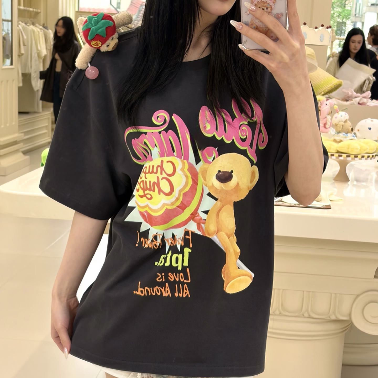 《000》美式复古卡通印花棒棒糖水果玩偶宽松圆领休闲短袖 117
