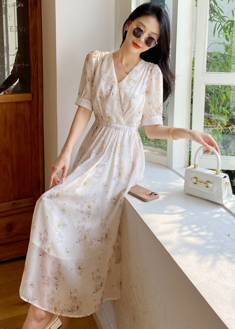 [YLIN瑜琳]碎花短袖连衣裙女夏V领收腰显瘦气质长裙雪纺烫金裙子