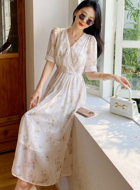 [YLIN瑜琳]碎花短袖连衣裙女夏V领收腰显瘦气质长裙雪纺烫金裙子