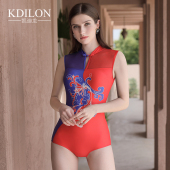 素风印花旗袍款 衣女防晒性感温泉中国元 连体三角游泳装 凯迪龙无袖