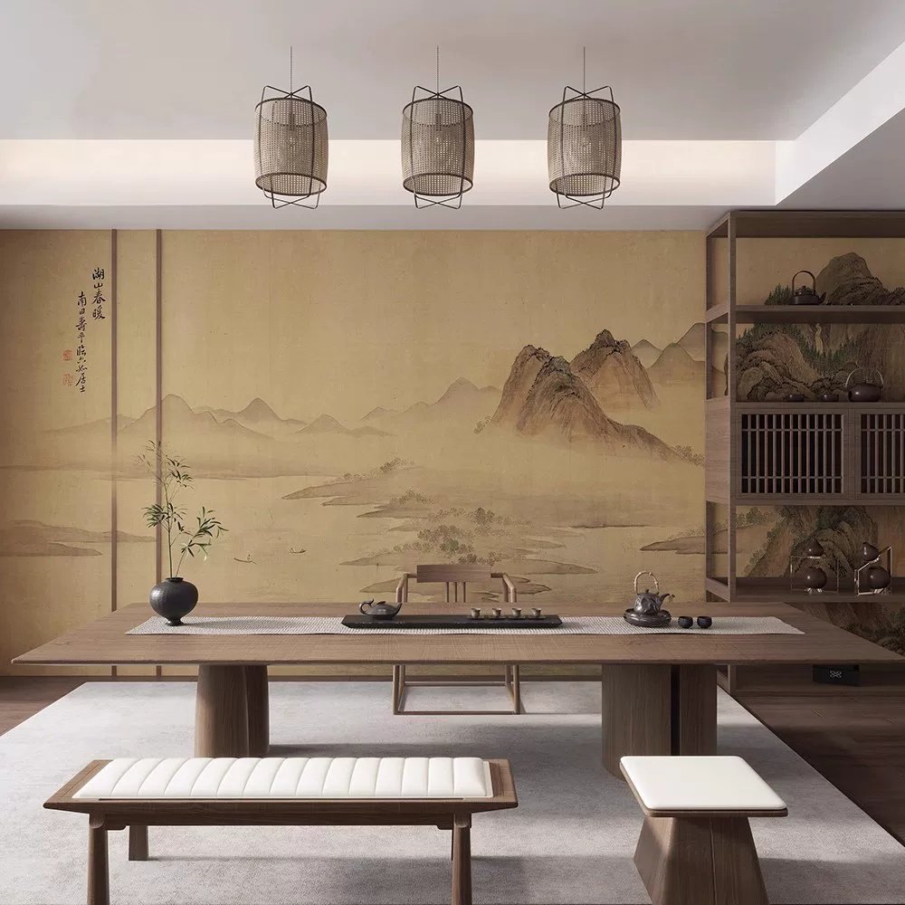 复古宋式美学墙纸客厅沙发电视背景墙布禅意山水画餐厅新中式壁纸