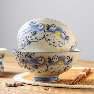 爱悦居日本进口可爱卡通河豚陶瓷小碗米饭碗亲子碗日式 家用高脚碗