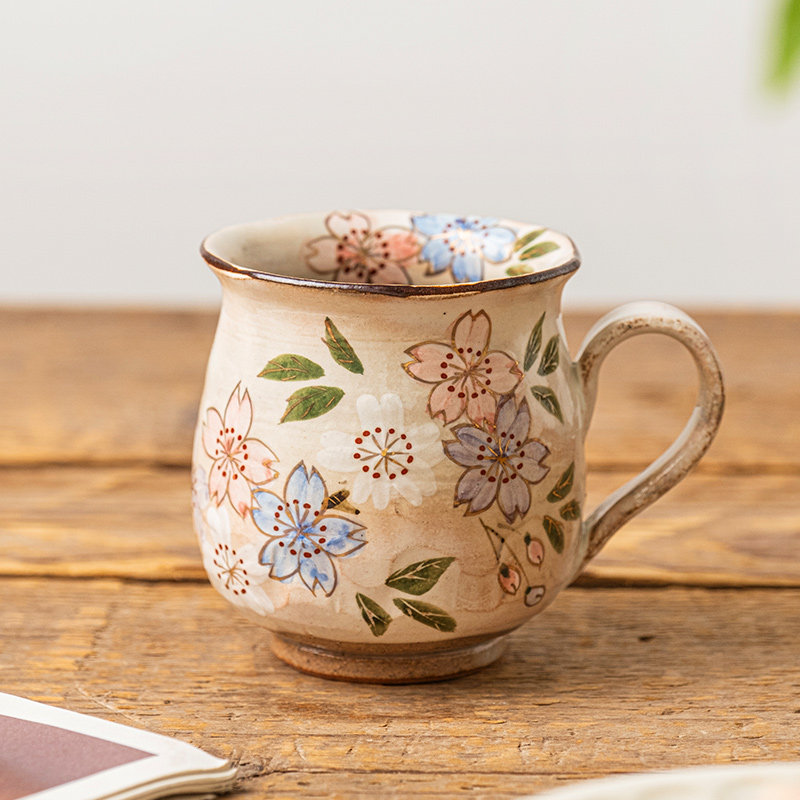 日本进口森俊山手作清水烧樱花马克杯陶瓷水杯茶杯日式家用水杯