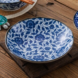 日本进口陶瓷盘子21cm复古日式家用深盘菜盘高级感釉下彩商用餐饮