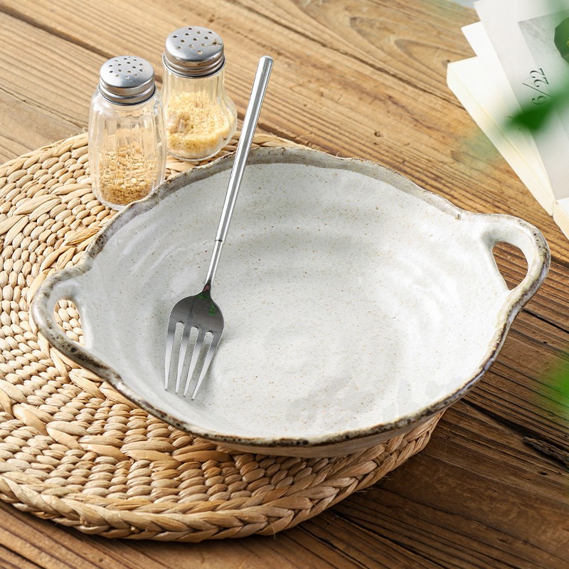 爱悦居日本进口双耳盘复古粗陶手作防烫咖喱盘日式家用钵碗菜盘子
