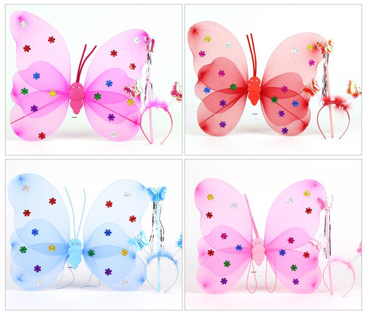 더블 레이어 4등 더블 레이어 나비 날개 나비 뒷면에 가벼운 와이어가 접착된 3피스 세트 인기 판매 스팽글 천사 날개