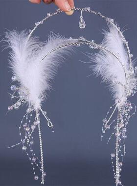 汉服懒人发箍头饰女古风仙气发冠羽毛白色古装新娘配饰森系发饰款