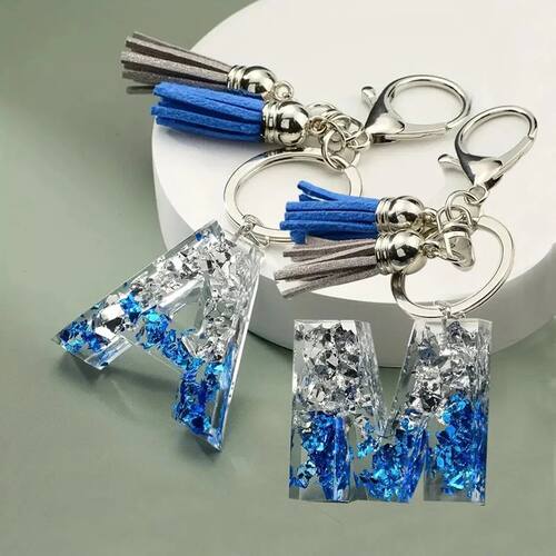 Creative 26 Letter Resin Keychains With Tassel Fashion Bule