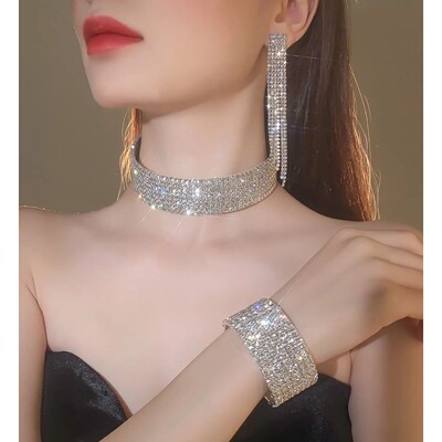 Sparkling Silver Color Crystal Collar Chain Choker Necklace