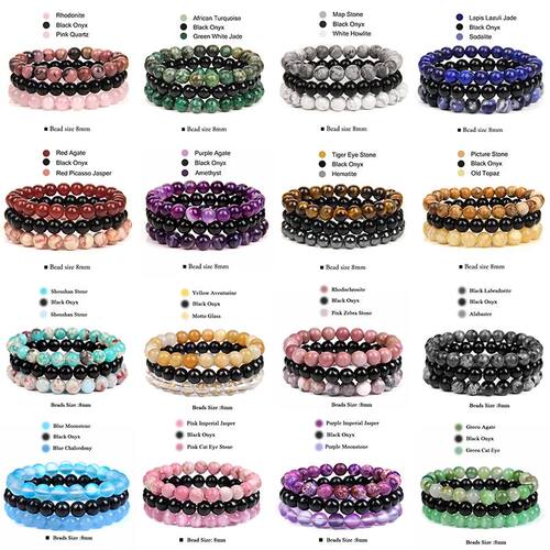 3Pcs/set 8mm Natural Stone Beads Bracelet Set Pink Zebra