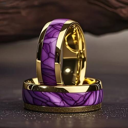 Purple Abalone Shell Inlay Rings, 8mm Gold Color Men