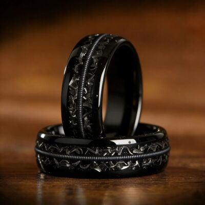 8mm Black Stainless Steel Guitar String Rings for Men With