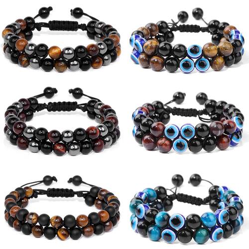 Men Triple Protection Stone Bead Bracelet Double Layers